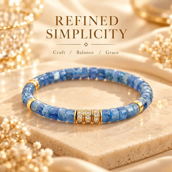 Natural blue kyanite tablet bead bracelet with gold-tone decorative spacers