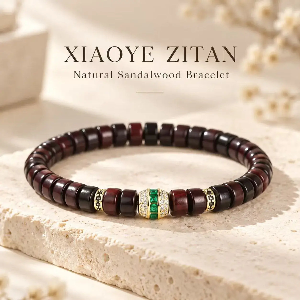 Red Sandalwood Tablet Bead Bracelet with Green Crystal - bead arrangement