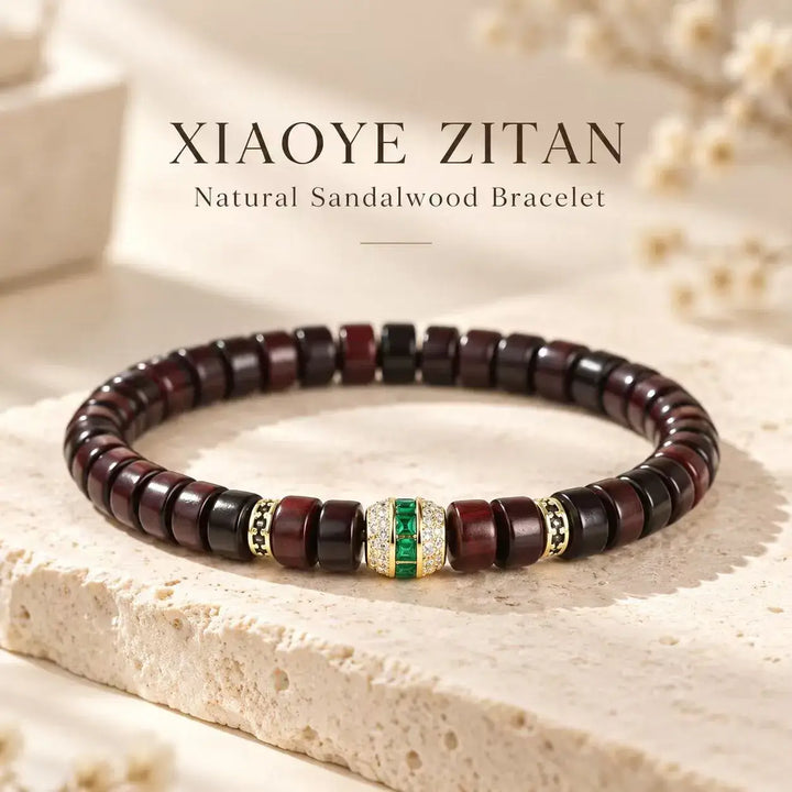 Red Sandalwood Tablet Bead Bracelet with Green Crystal - bead arrangement