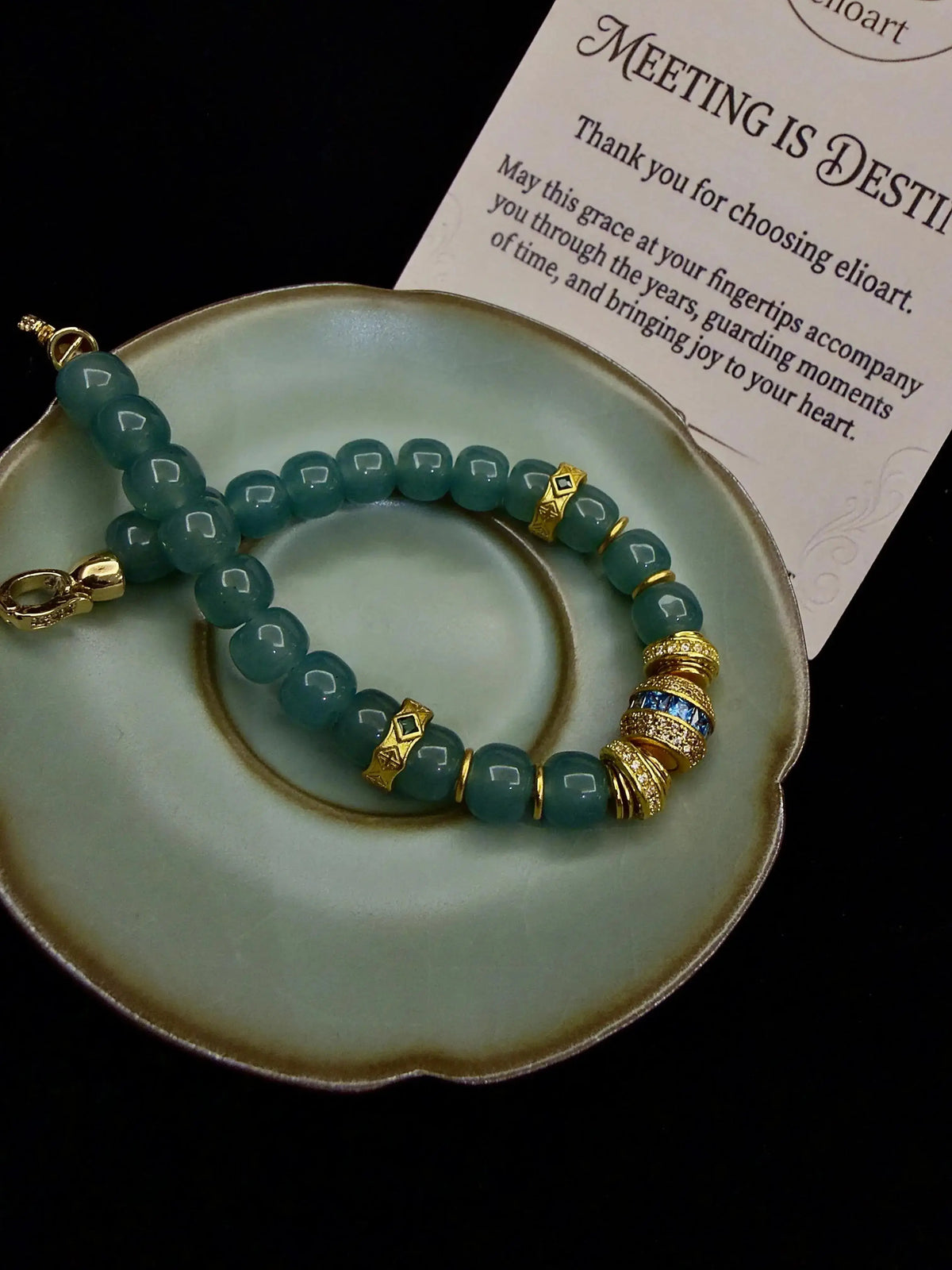 Natural Blue Jade Bracelet with Blue Zircon & 18K Gold-Plated Accents