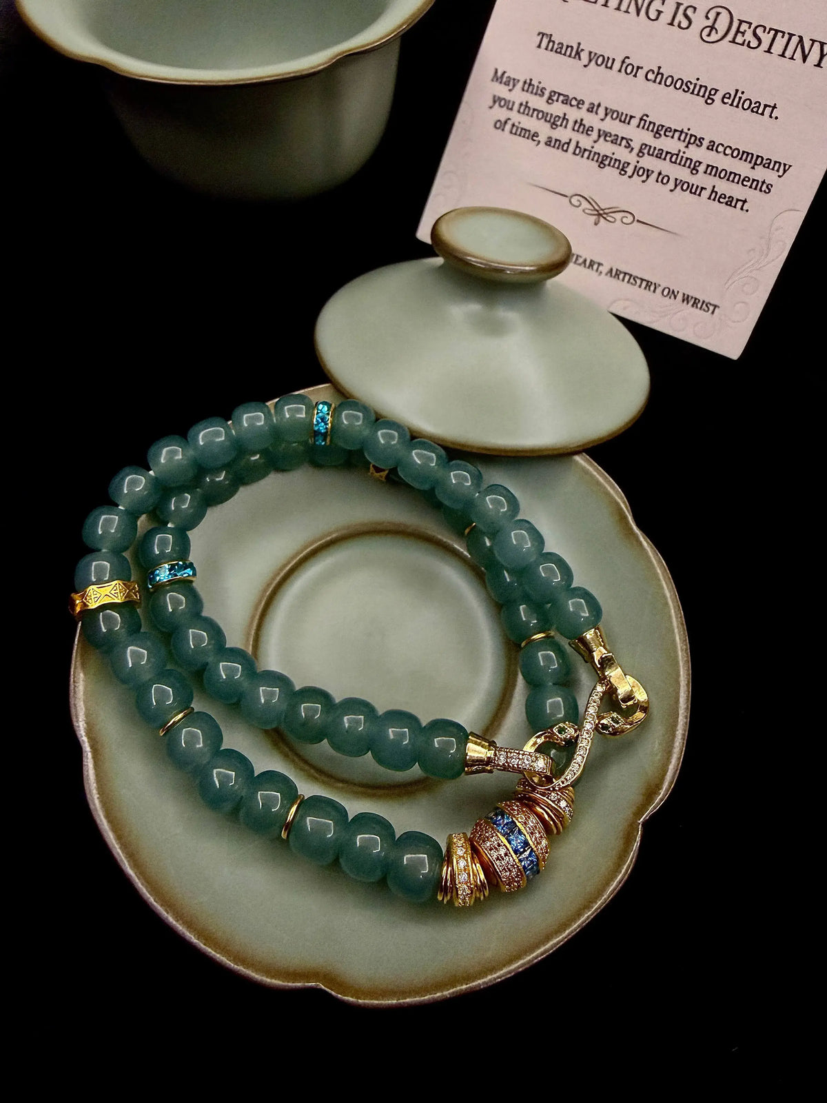 Natural Blue Jade 18K Gold-Plated Horseshoe Clasp Long Bracelet