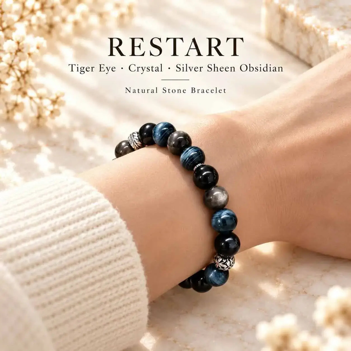 Tiger Eye, Crystal & Silver Sheen Obsidian Bracelet