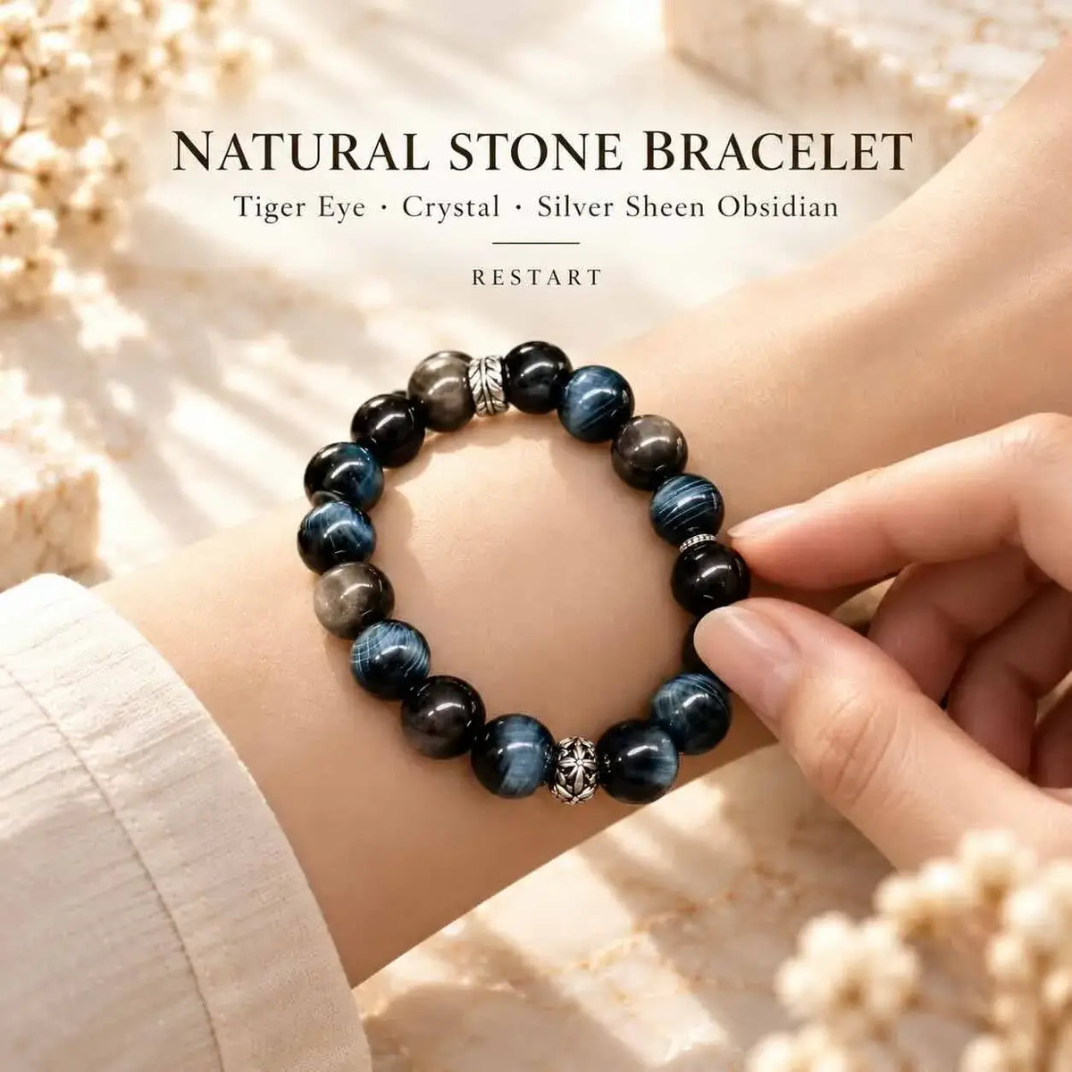 Tiger Eye, Crystal & Silver Sheen Obsidian Bracelet