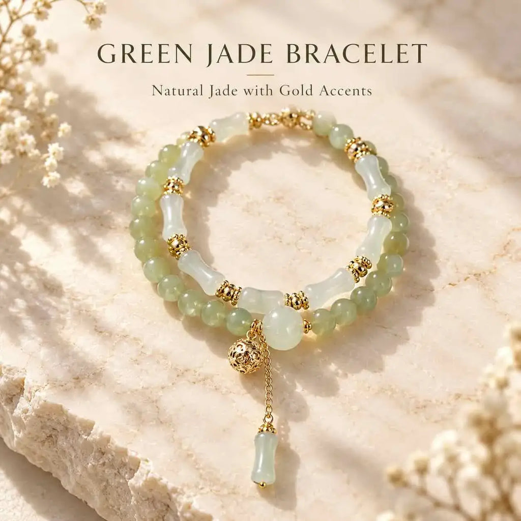 Green and White Jade Bracelet with Gold-Tone Accents
