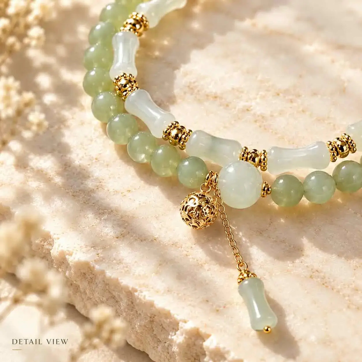 Green and White Jade Bracelet with Gold-Tone Accents