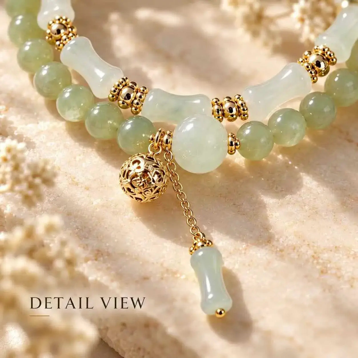 Green and White Jade Bracelet with Gold-Tone Accents