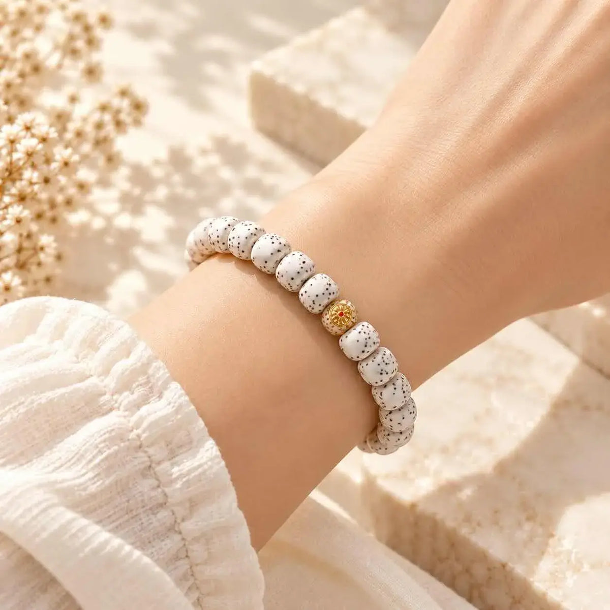 Star and Moon Bodhi Seed Bracelet with Gold-Tone Accent