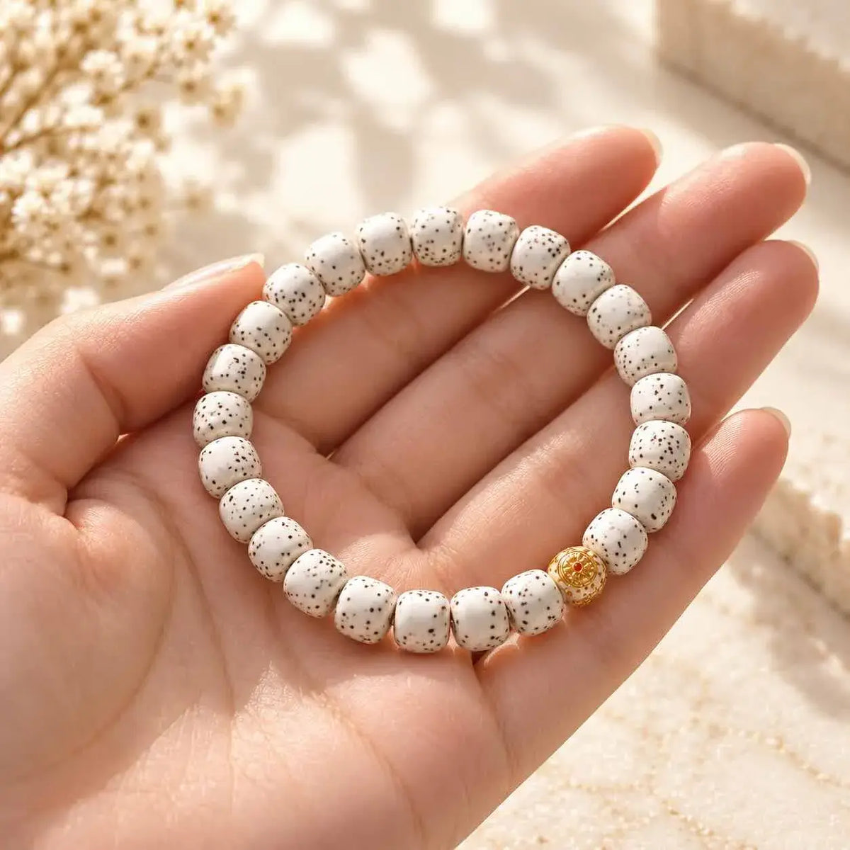 Star and Moon Bodhi Seed Bracelet with Gold-Tone Accent