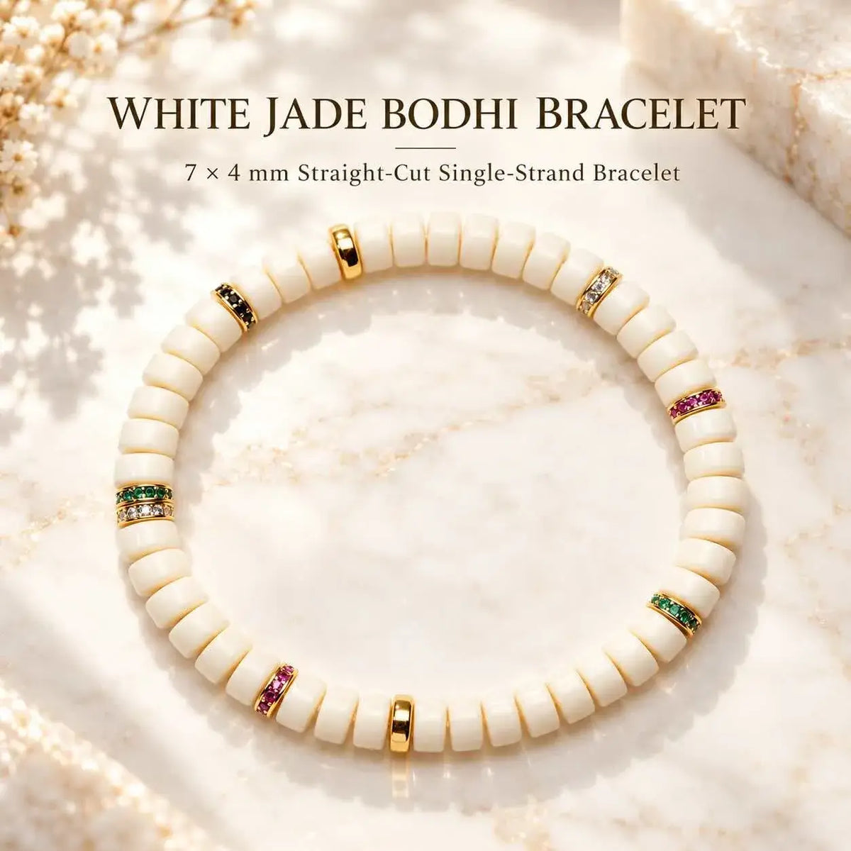White Jade Bodhi Seed Bracelet with Zircon Spacers