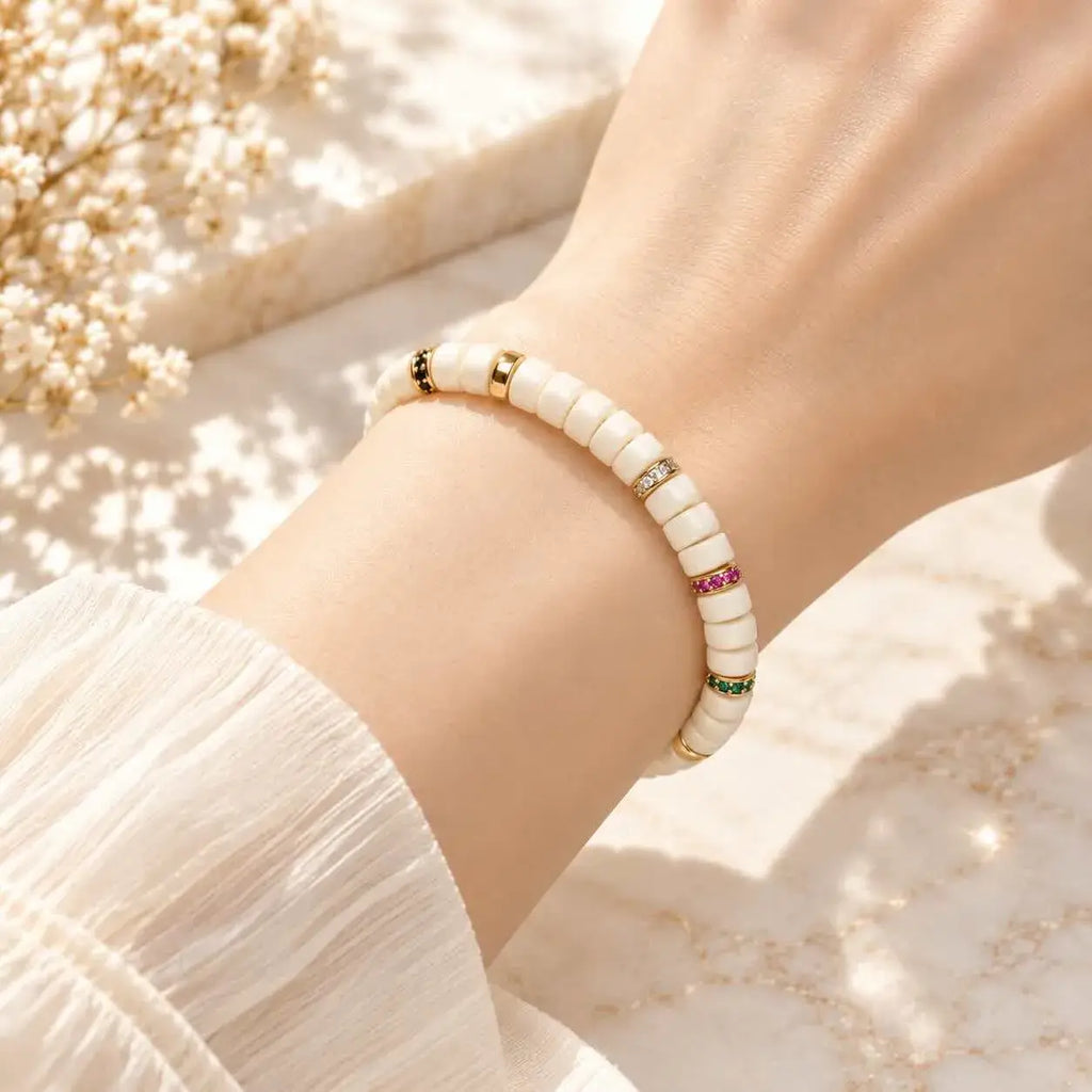 White Jade Bodhi Seed Bracelet with Zircon Spacers