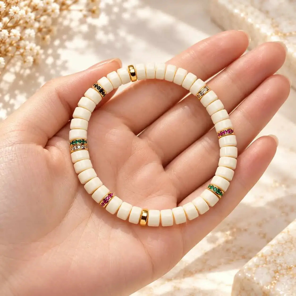 White Jade Bodhi Seed Bracelet with Zircon Spacers