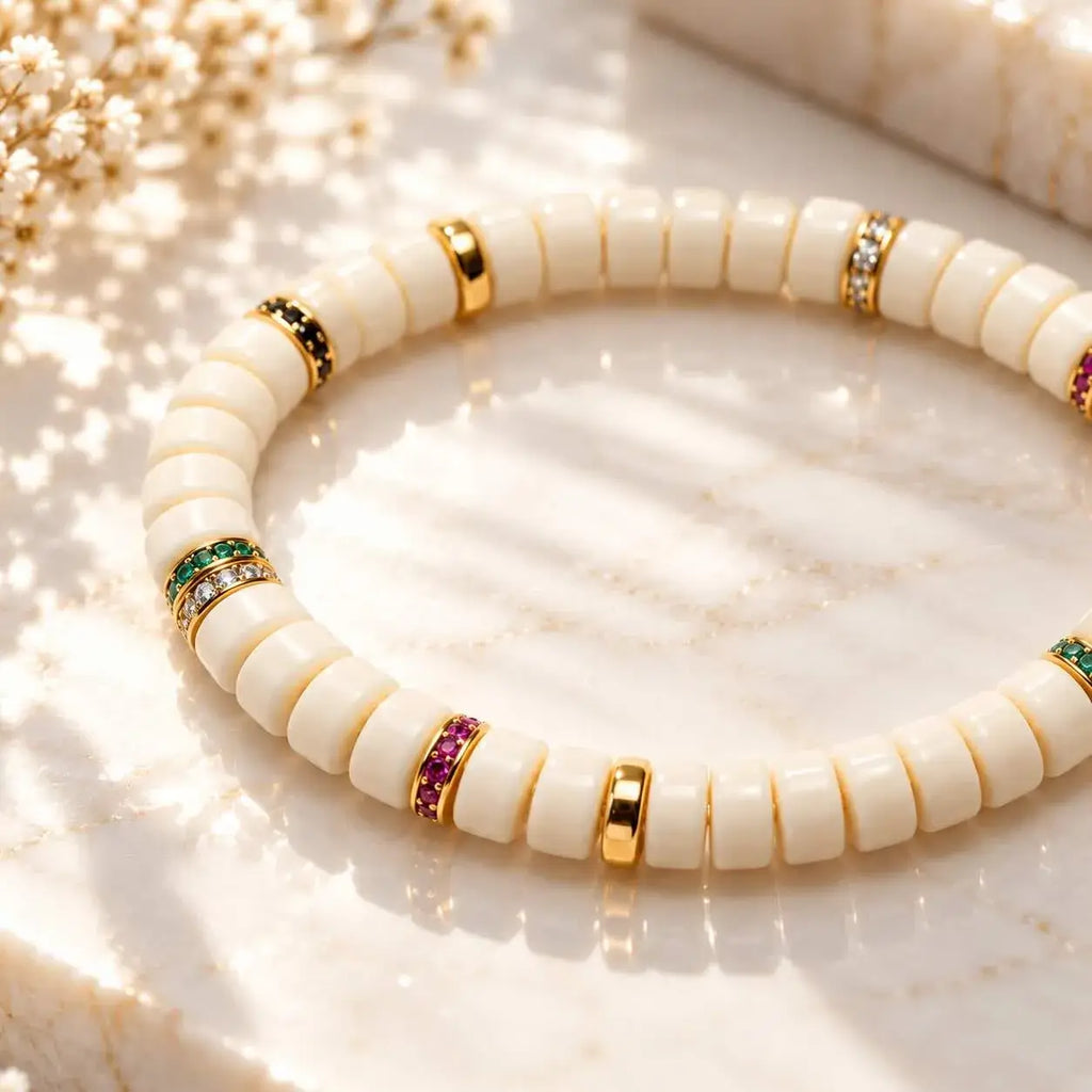 White Jade Bodhi Seed Bracelet with Zircon Spacers