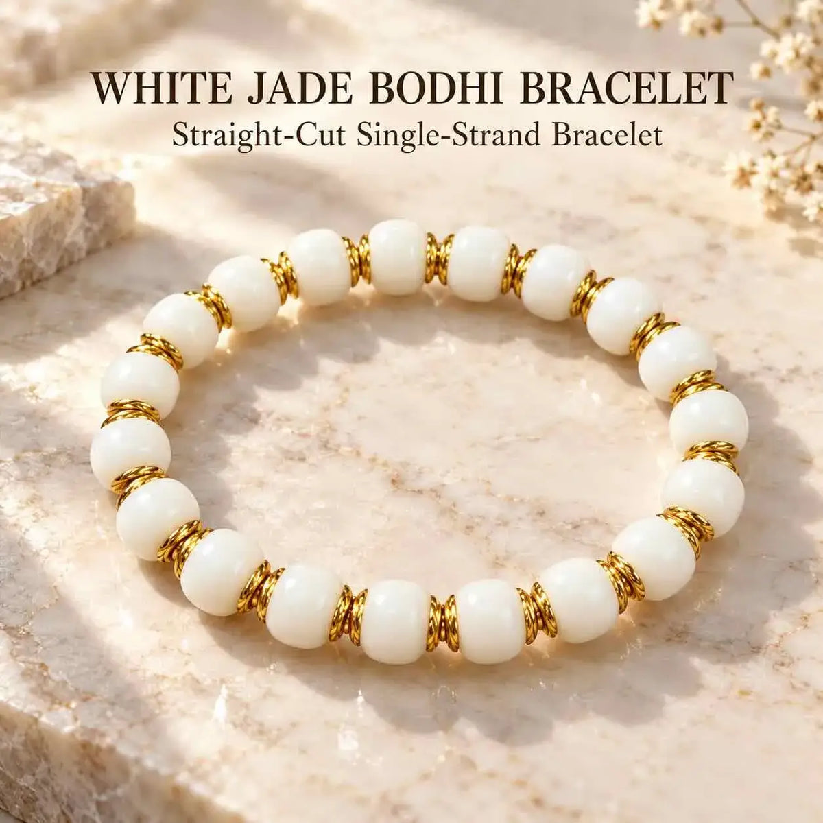 White Jade Bodhi Seed Bracelet with Gold-Tone Copper Spacers