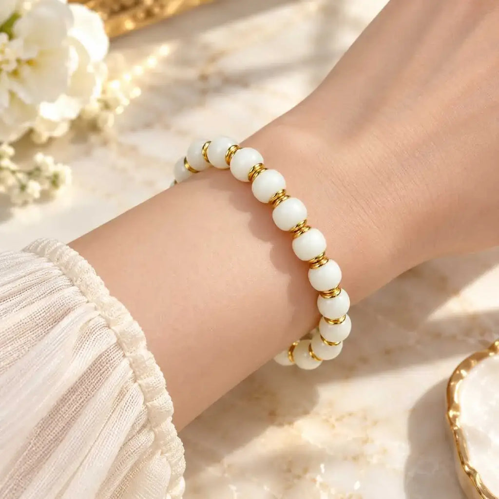White Jade Bodhi Seed Bracelet with Gold-Tone Copper Spacers