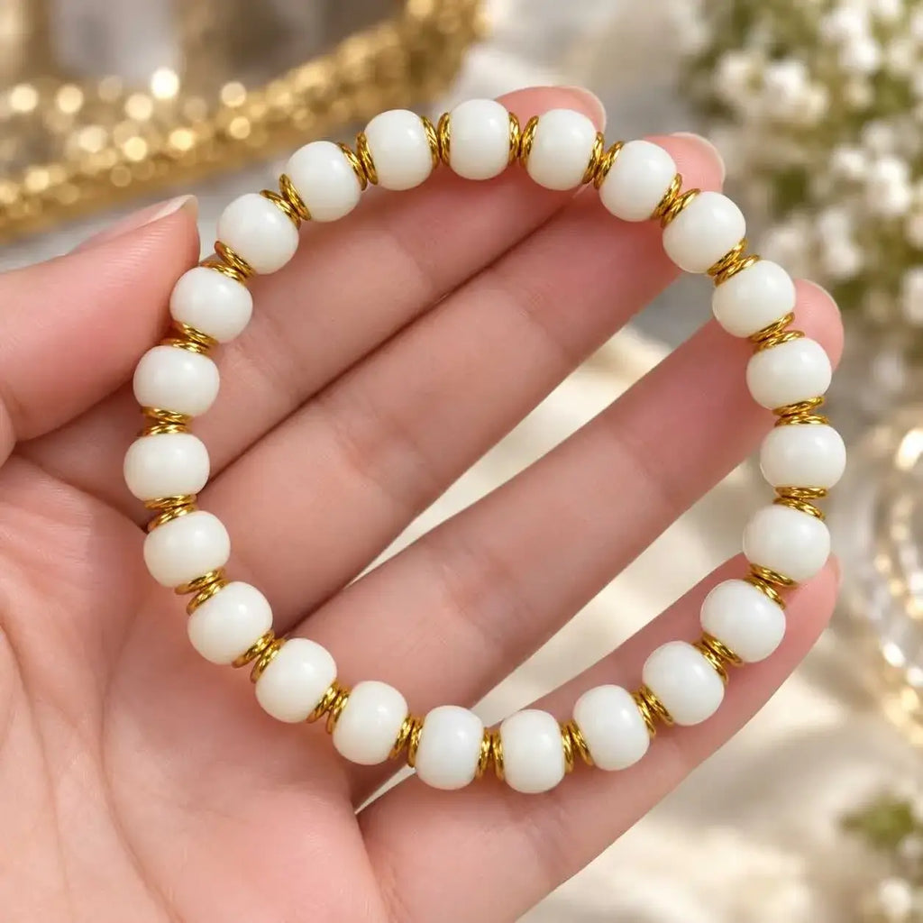 White Jade Bodhi Seed Bracelet with Gold-Tone Copper Spacers