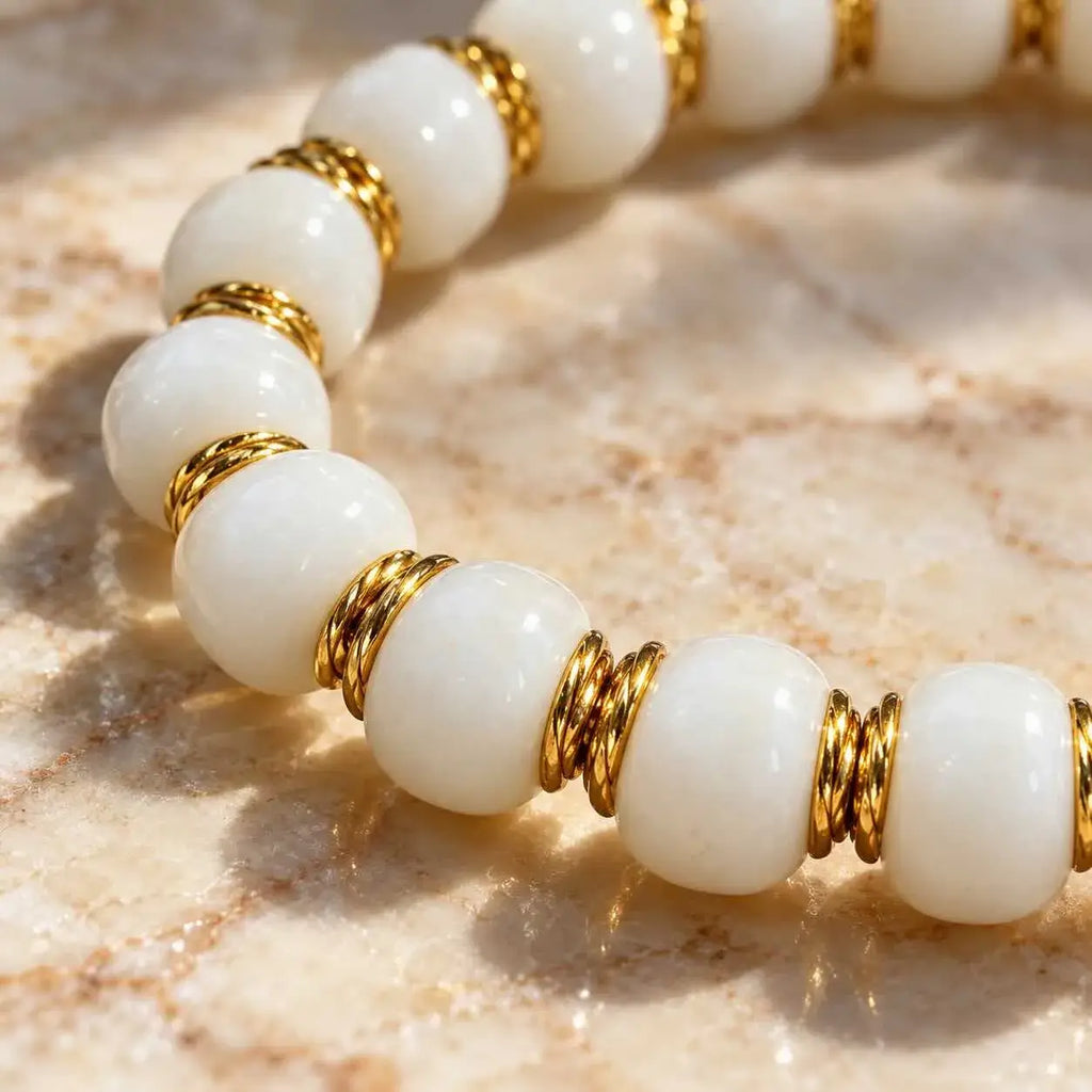 White Jade Bodhi Seed Bracelet with Gold-Tone Copper Spacers