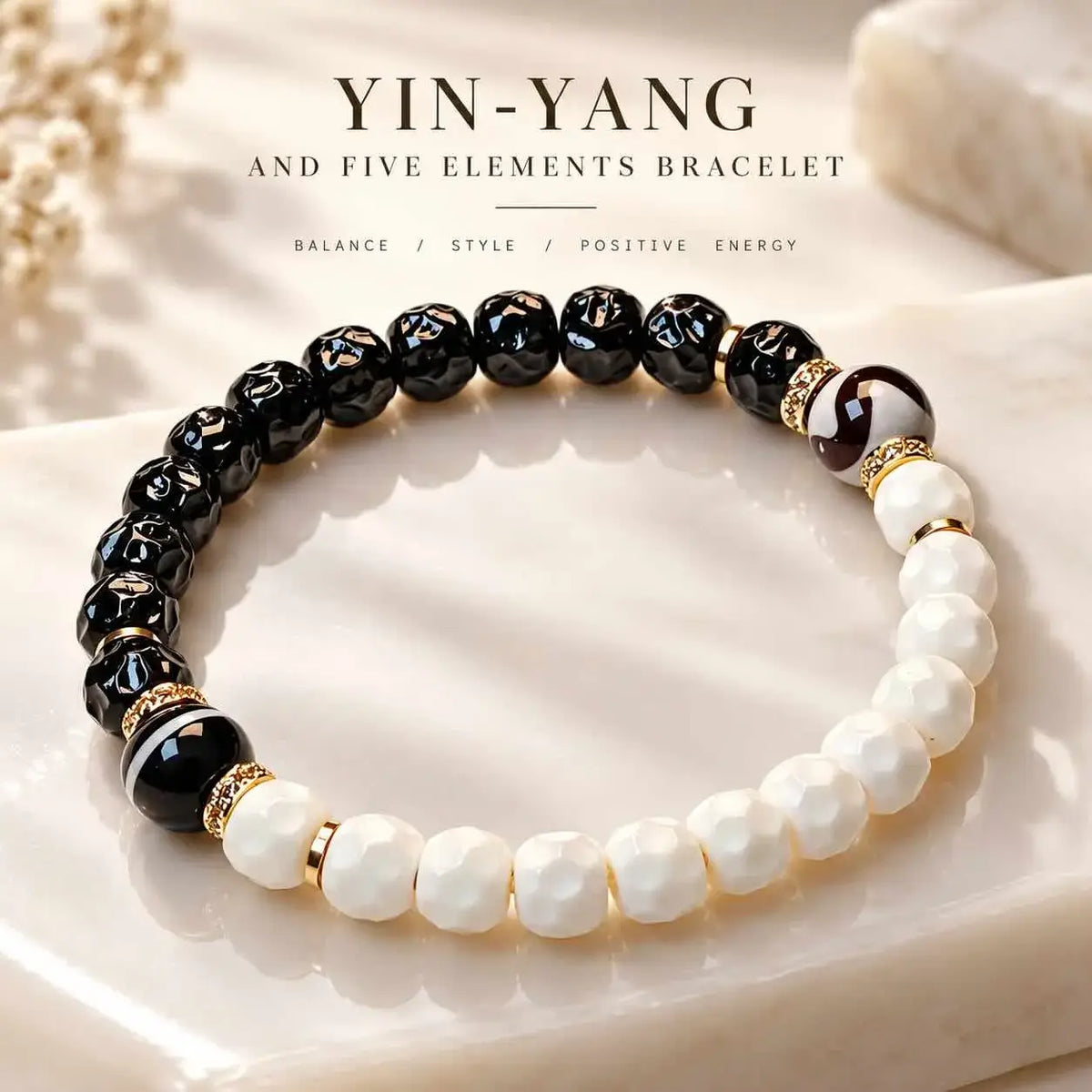 Yin Yang Coconut Shell and White Bodhi Bracelet