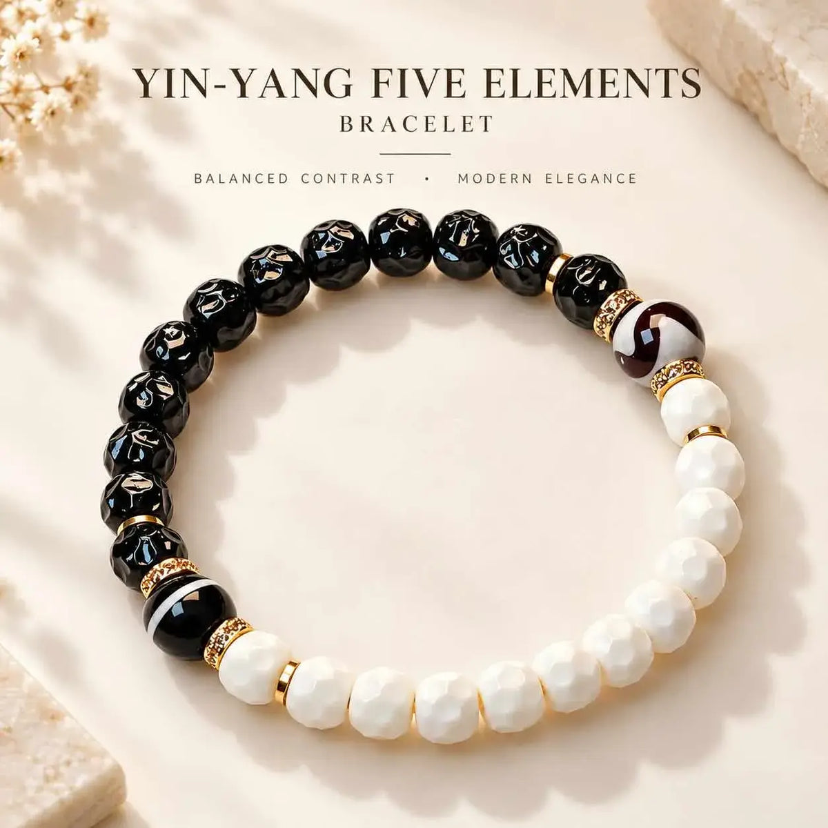 Yin Yang Coconut Shell and White Bodhi Bracelet