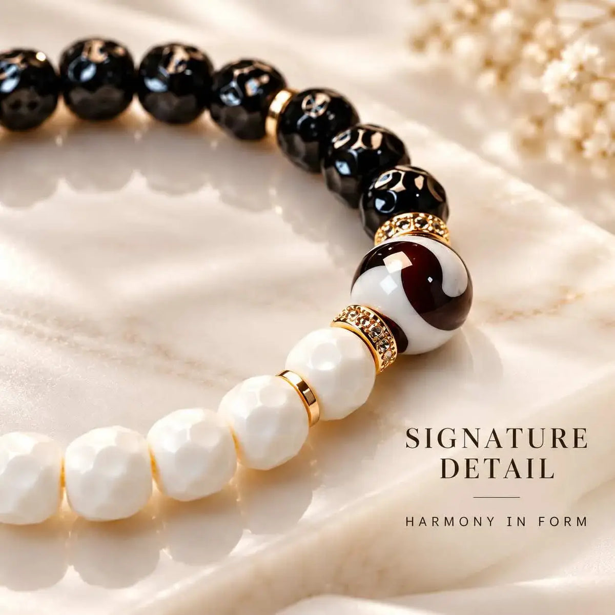 Yin Yang Coconut Shell and White Bodhi Bracelet