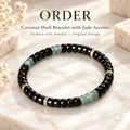 Coconut Shell Bracelet with Mottled Jade Accents