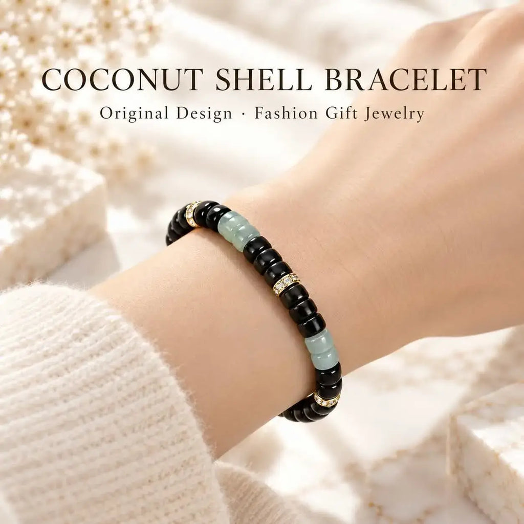 Coconut Shell Bracelet with Mottled Jade Accents