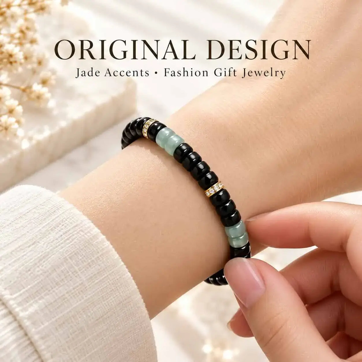 Coconut Shell Bracelet with Mottled Jade Accents