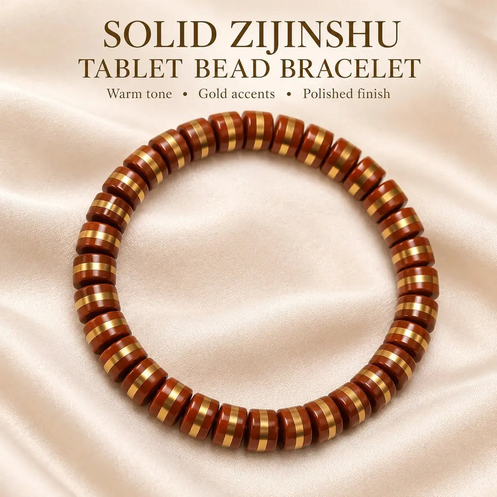 Handmade Flat-Cut Zijinshu Seed Bracelet with Gold-Tone Bands