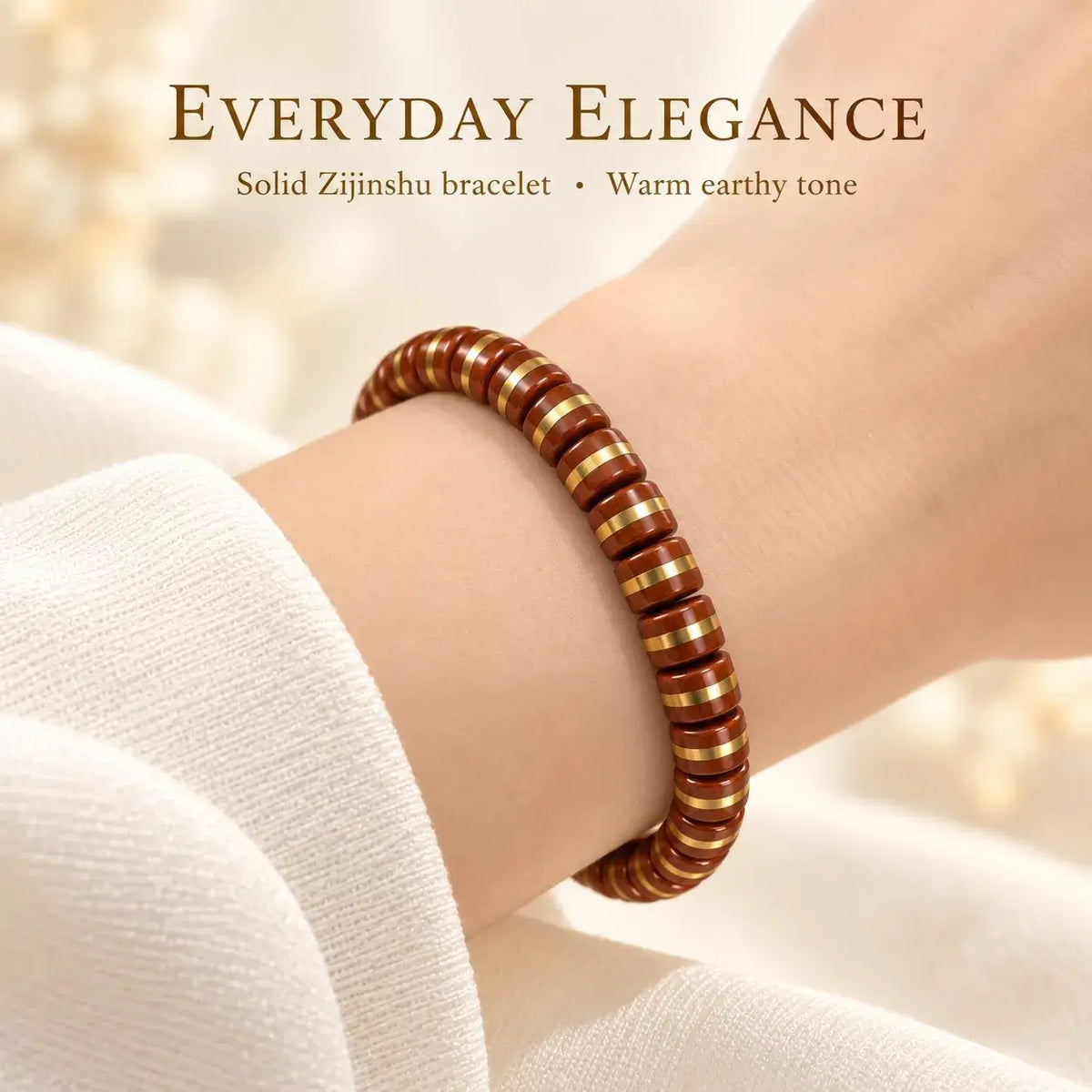 Handmade Flat-Cut Zijinshu Seed Bracelet with Gold-Tone Bands