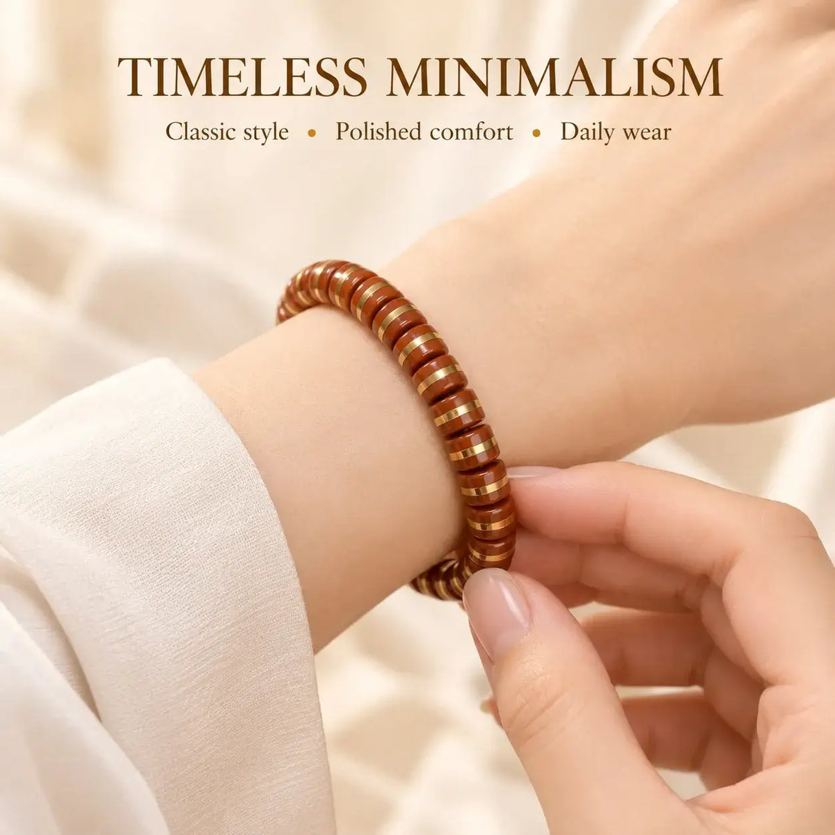 Handmade Flat-Cut Zijinshu Seed Bracelet with Gold-Tone Bands