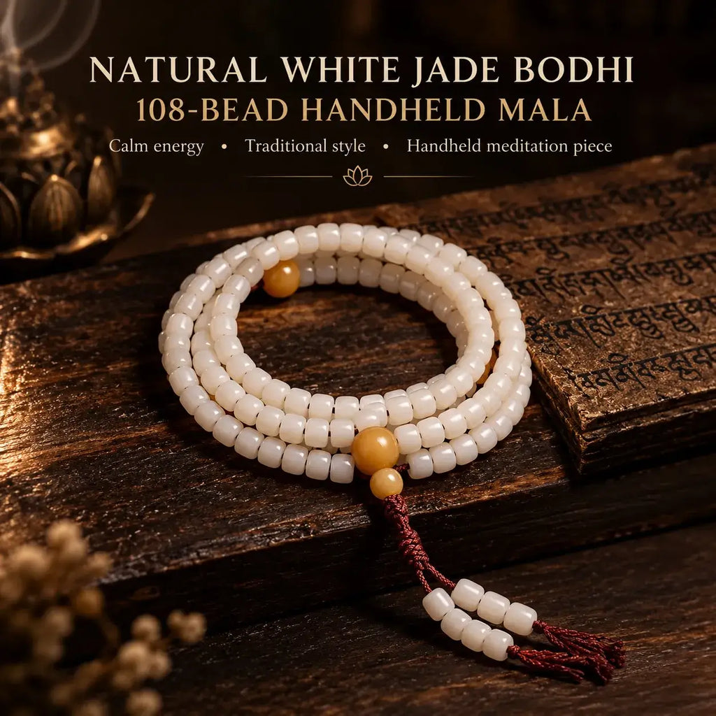 Handmade 108 White Jade Bodhi Handheld Beads with Myanmar Yinpi Seed