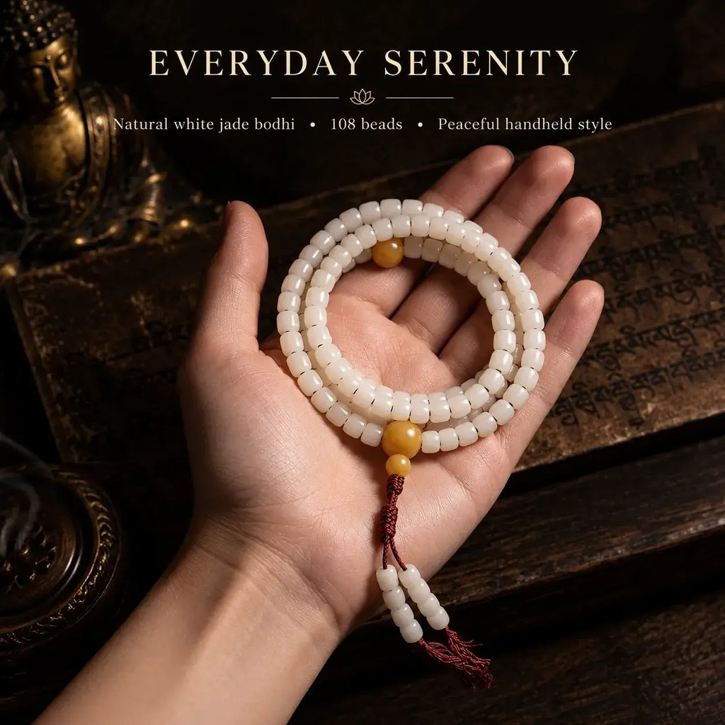 Handmade 108 White Jade Bodhi Handheld Beads with Myanmar Yinpi Seed