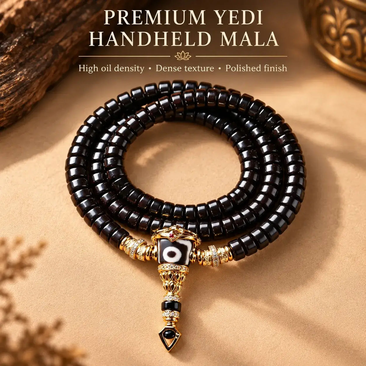 108 Flat-Cut Coconut Shell Handheld Beads with Dzi-Style Connector