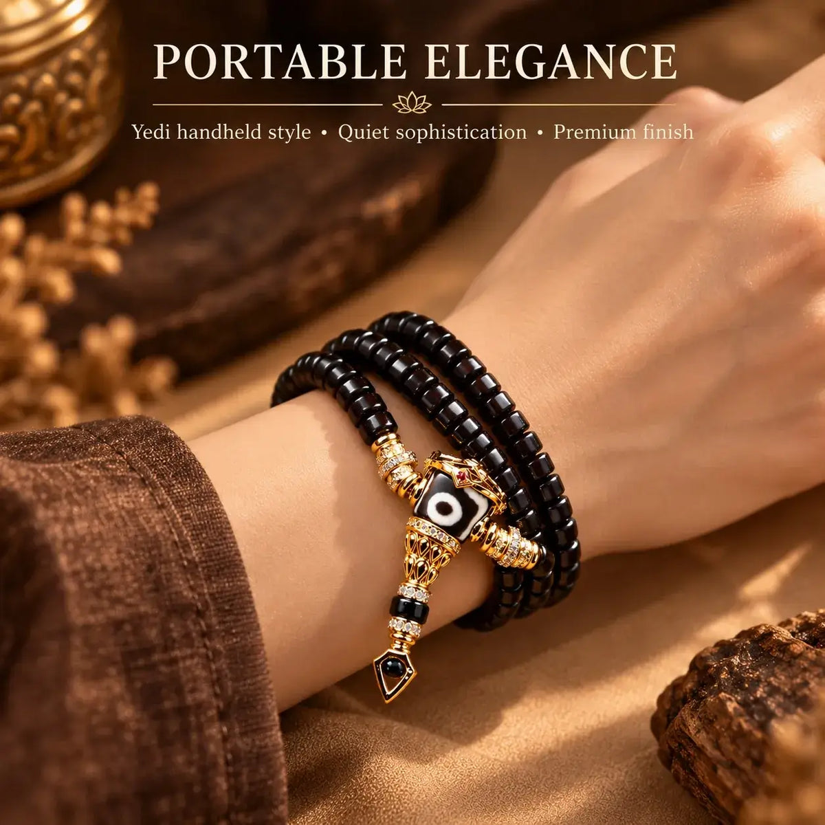 108 Flat-Cut Coconut Shell Handheld Beads with Dzi-Style Connector