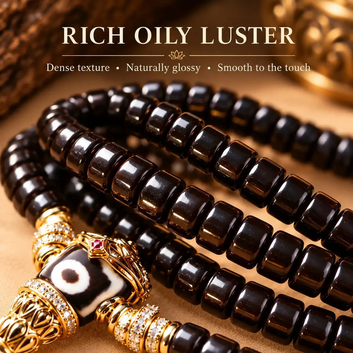 108 Flat-Cut Coconut Shell Handheld Beads with Dzi-Style Connector