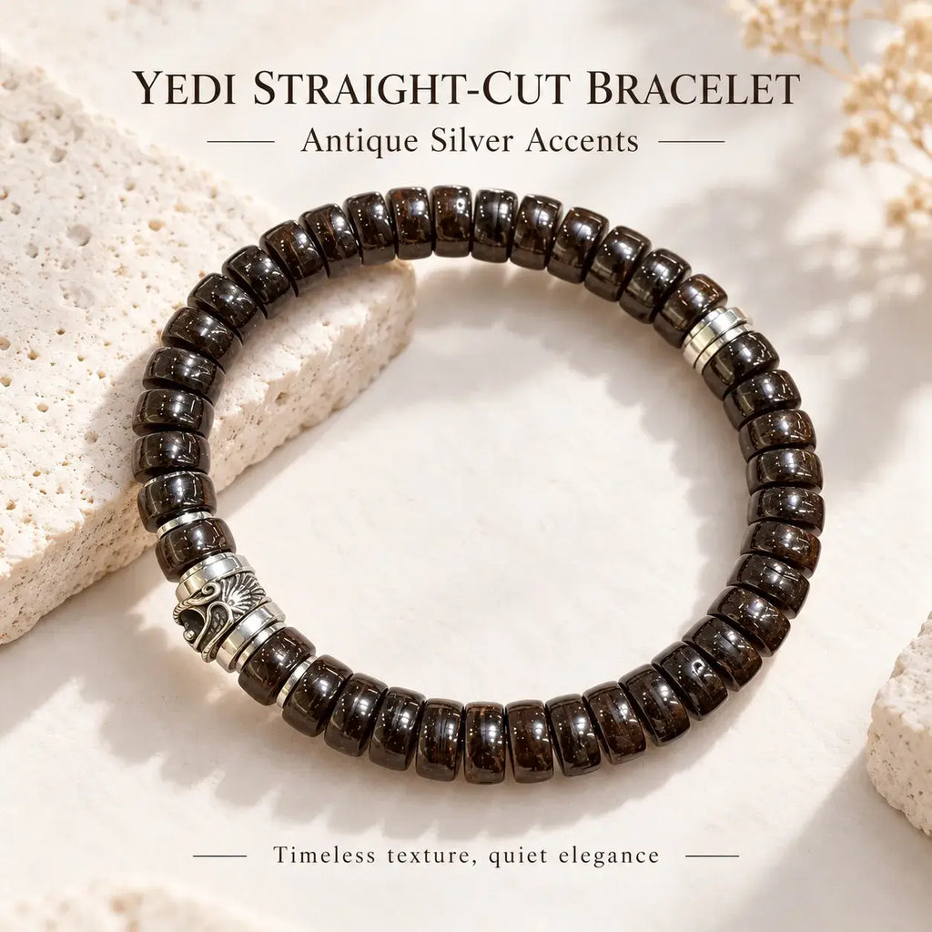 Straight-Cut Coconut Shell Bracelet with Antique Silver-Tone Accents