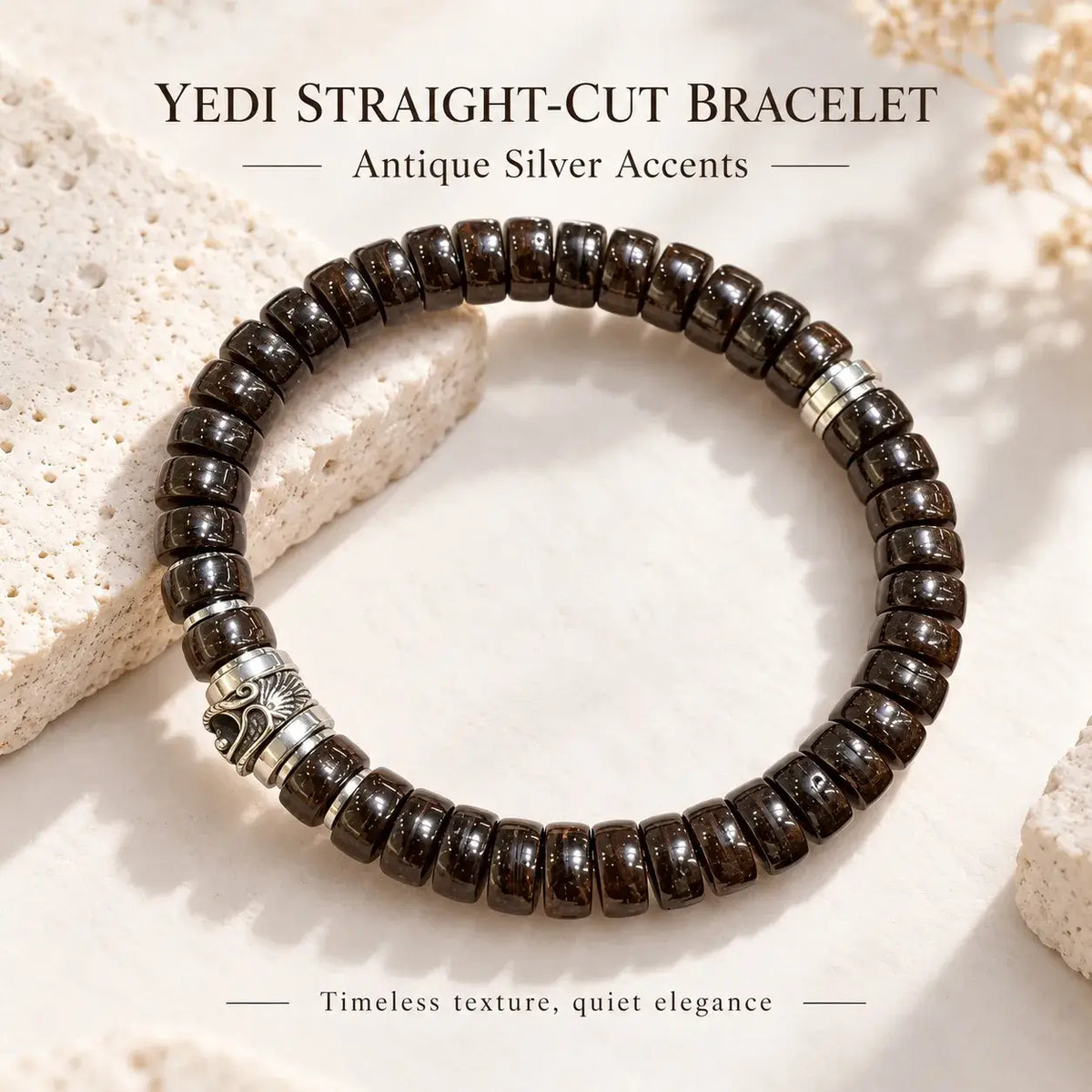 Straight-Cut Coconut Shell Bracelet with Antique Silver-Tone Accents