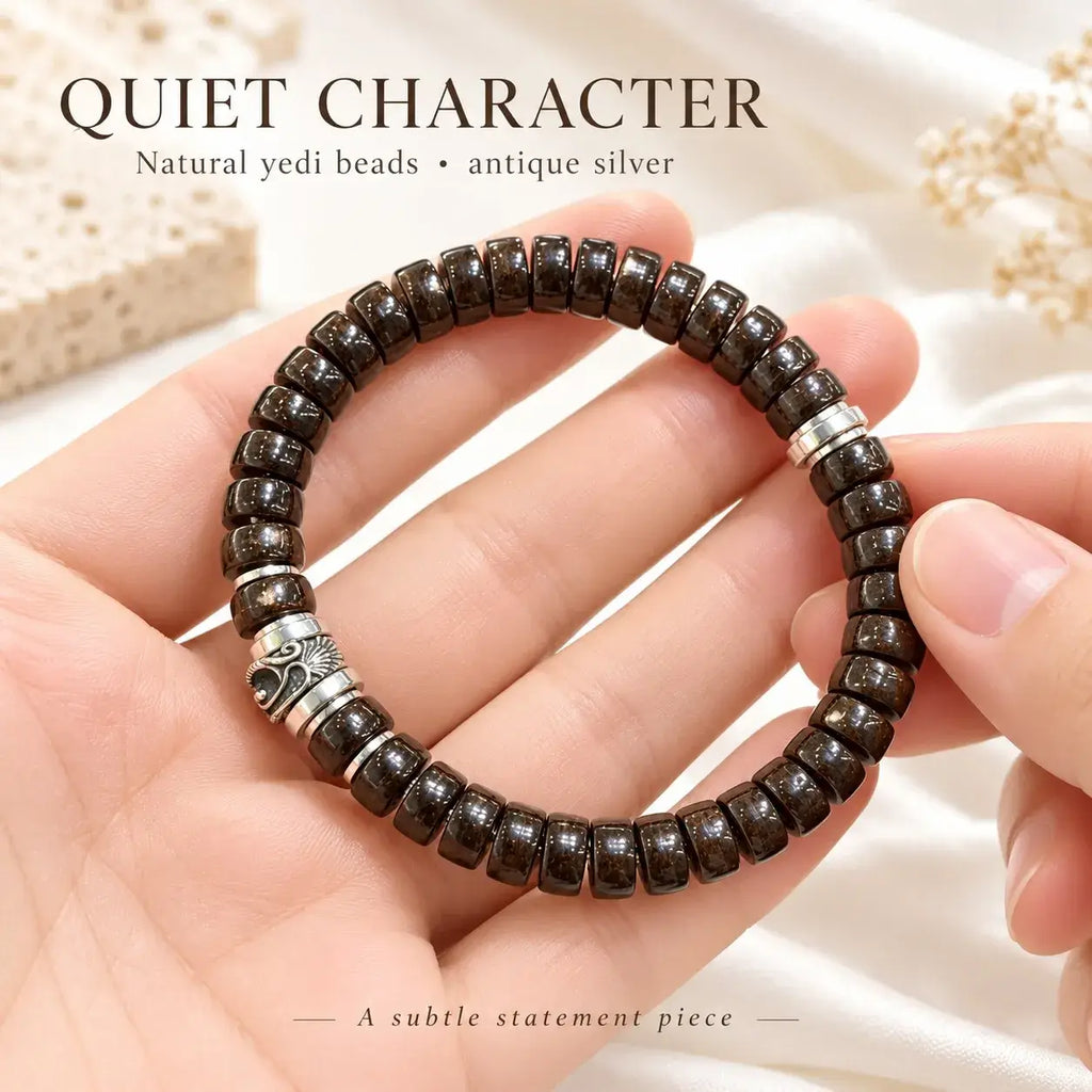 Straight-Cut Coconut Shell Bracelet with Antique Silver-Tone Accents