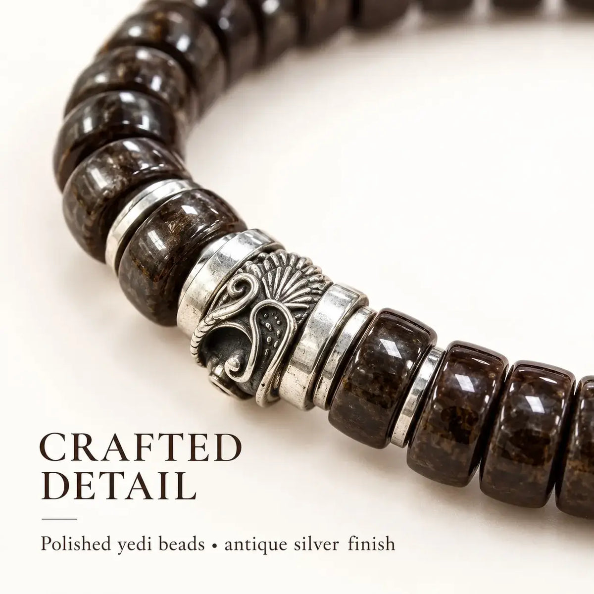 Straight-Cut Coconut Shell Bracelet with Antique Silver-Tone Accents