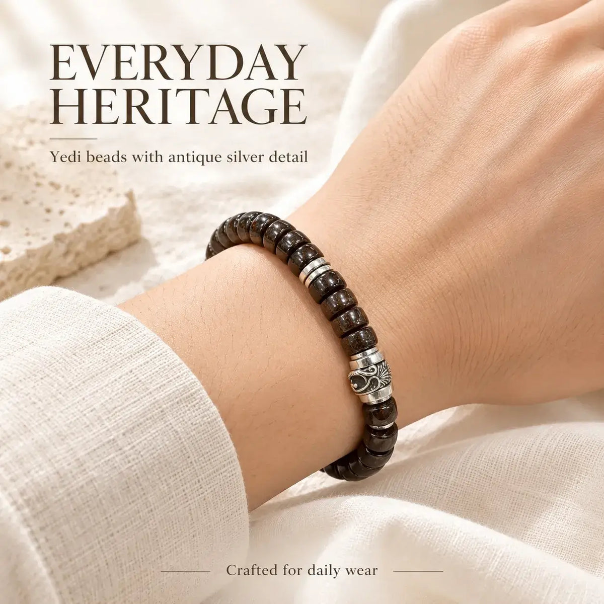 Straight-Cut Coconut Shell Bracelet with Antique Silver-Tone Accents
