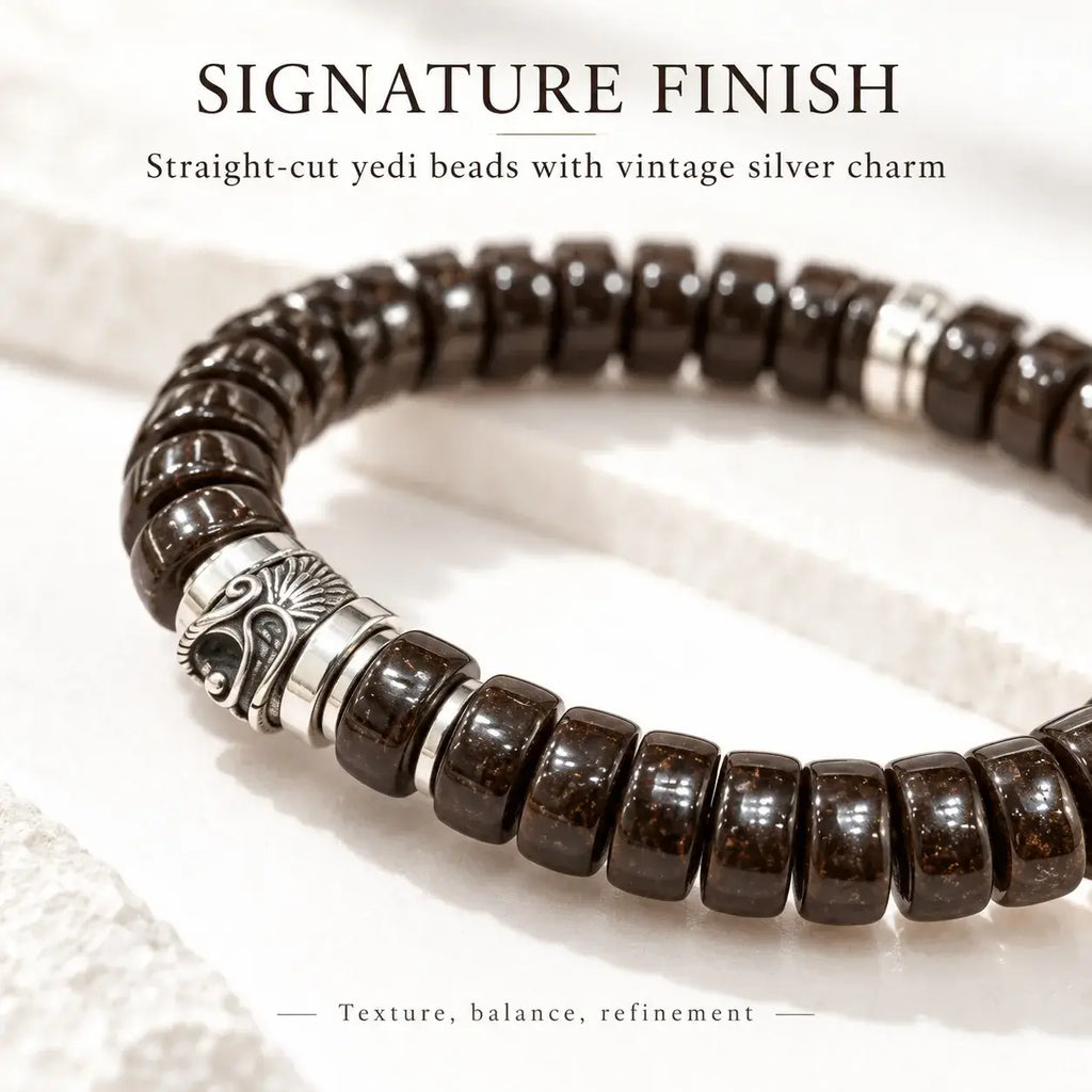 Straight-Cut Coconut Shell Bracelet with Antique Silver-Tone Accents