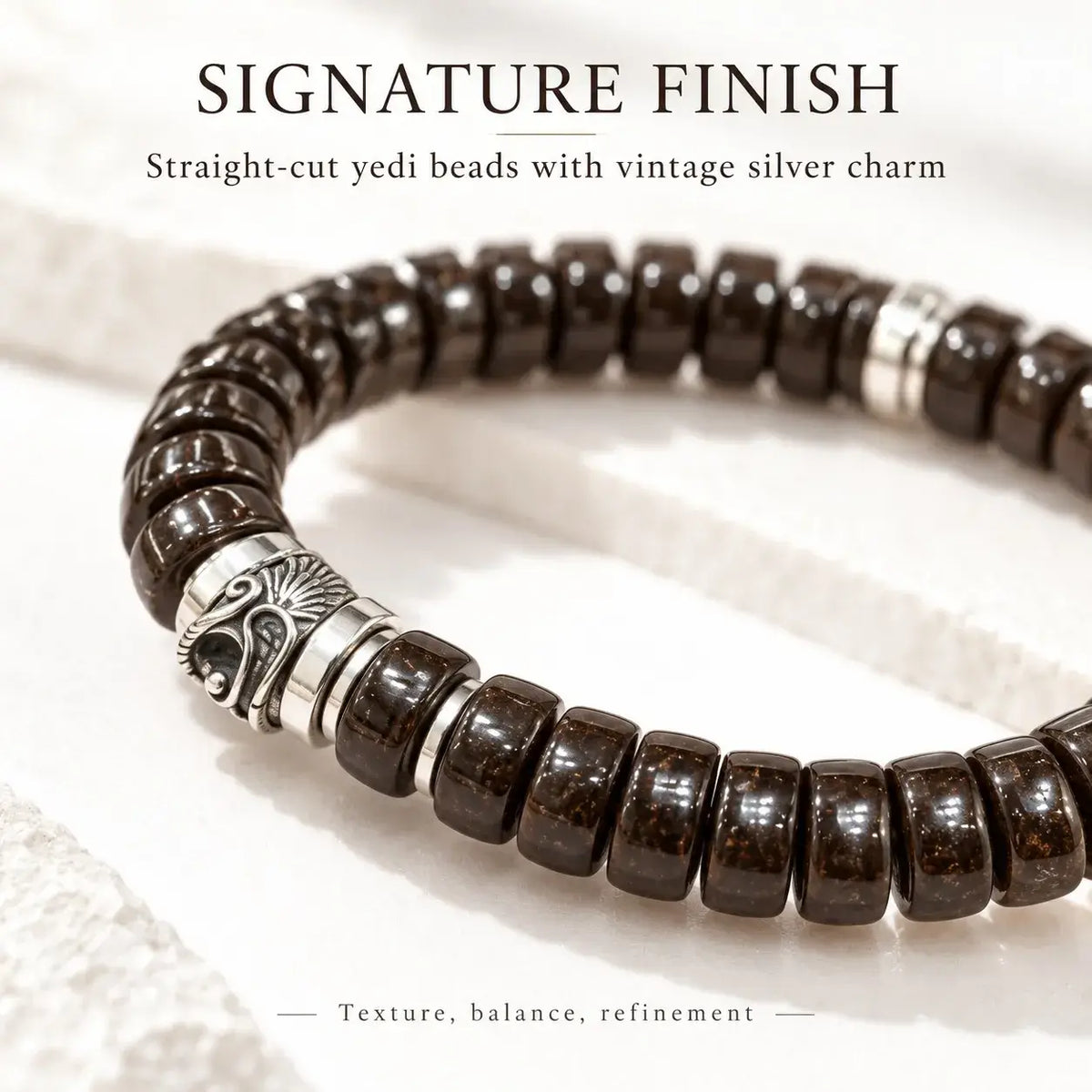 Straight-Cut Coconut Shell Bracelet with Antique Silver-Tone Accents