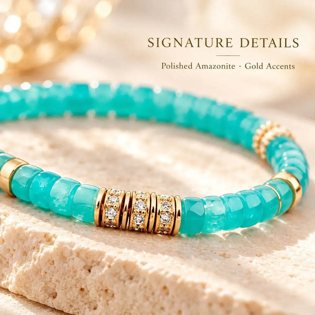 Close-up of blue-green amazonite beads and gold-tone decorative details