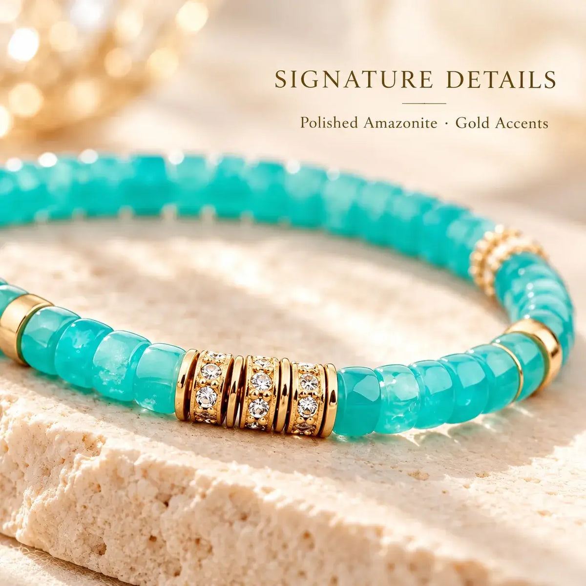 Close-up of blue-green amazonite beads and gold-tone decorative details