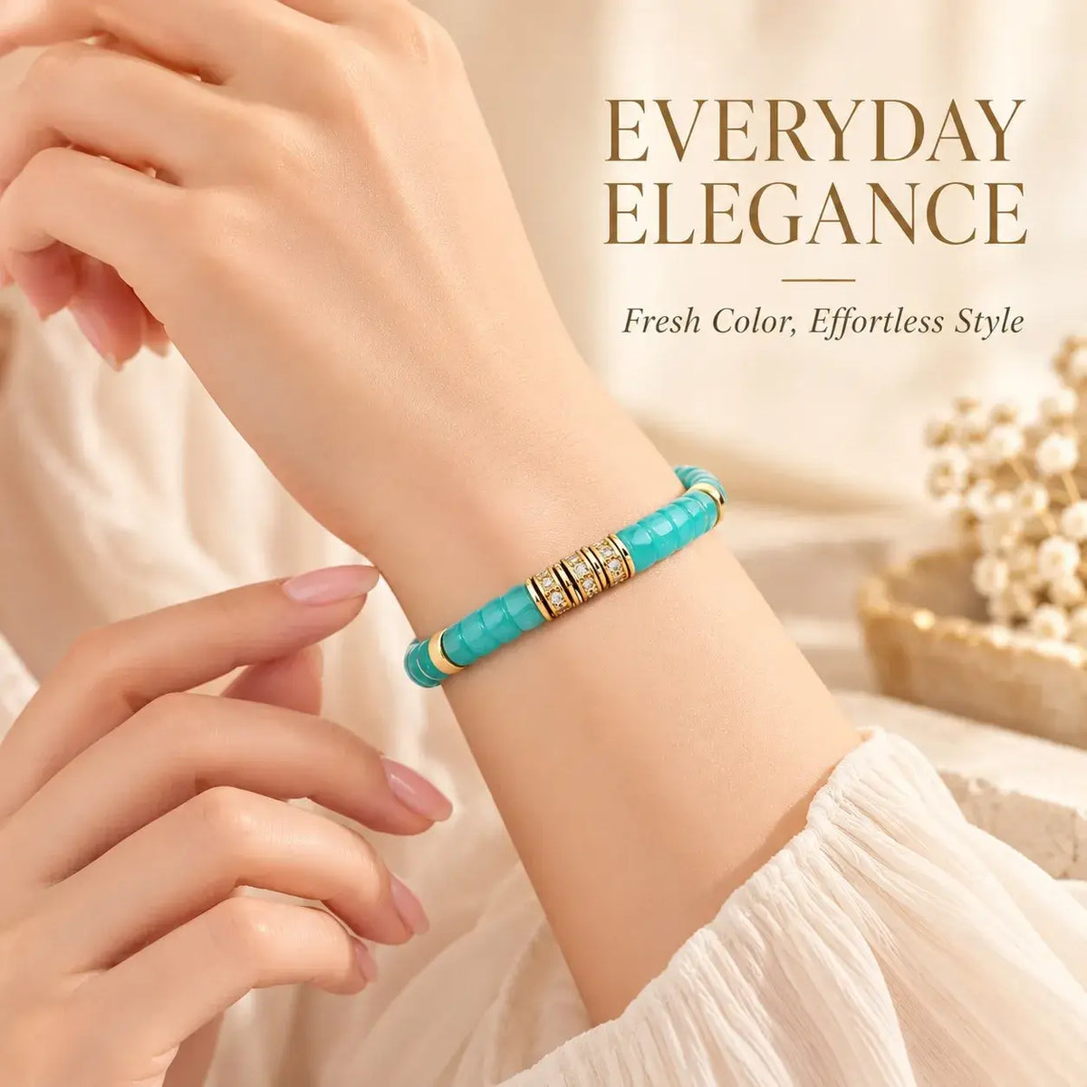 Natural amazonite tablet bead bracelet worn on the wrist