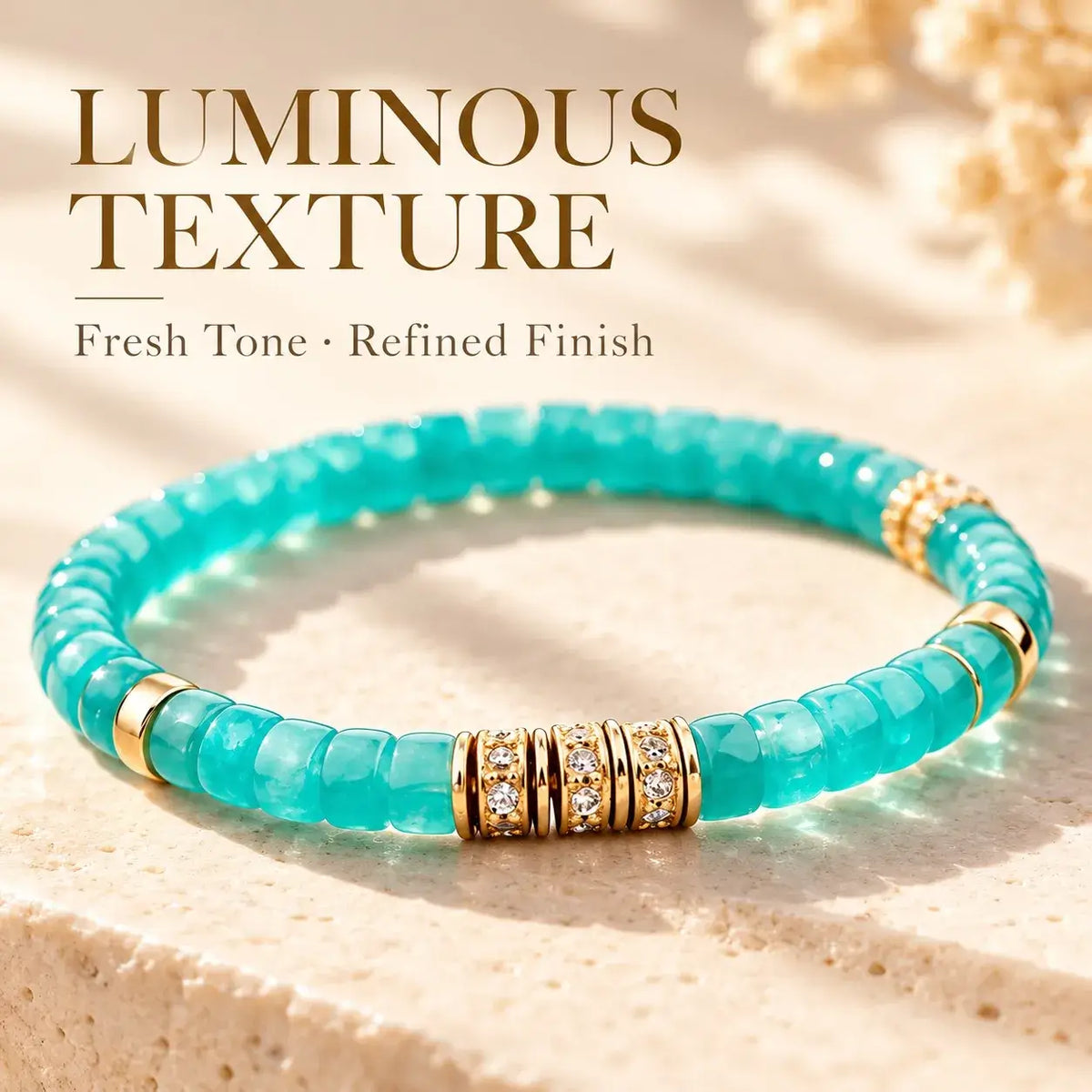Amazonite tablet bracelet showing aqua color and pale natural markings