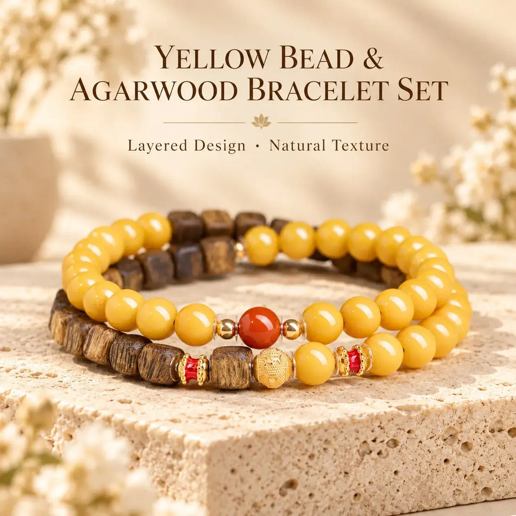 Yellow amber and agarwood wrap bracelet shown in layers