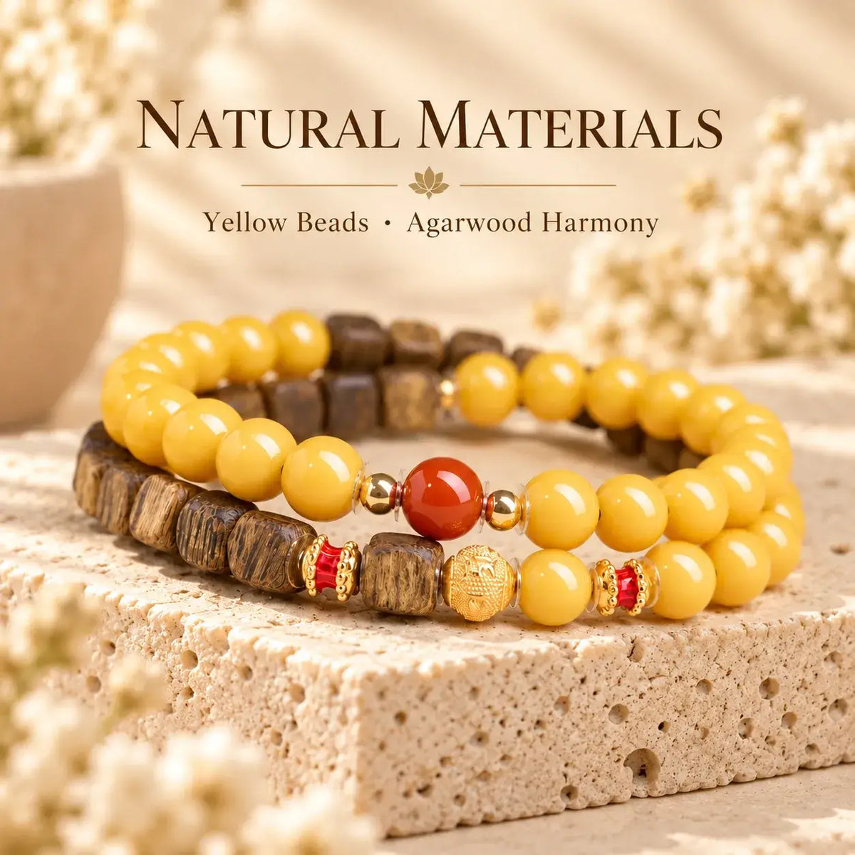 Full view of the amber and agarwood wrap bracelet