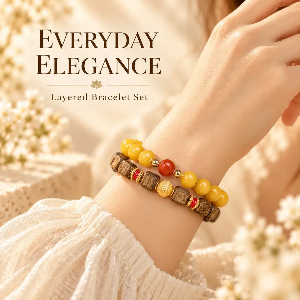 Amber and agarwood wrap bracelet worn on the wrist