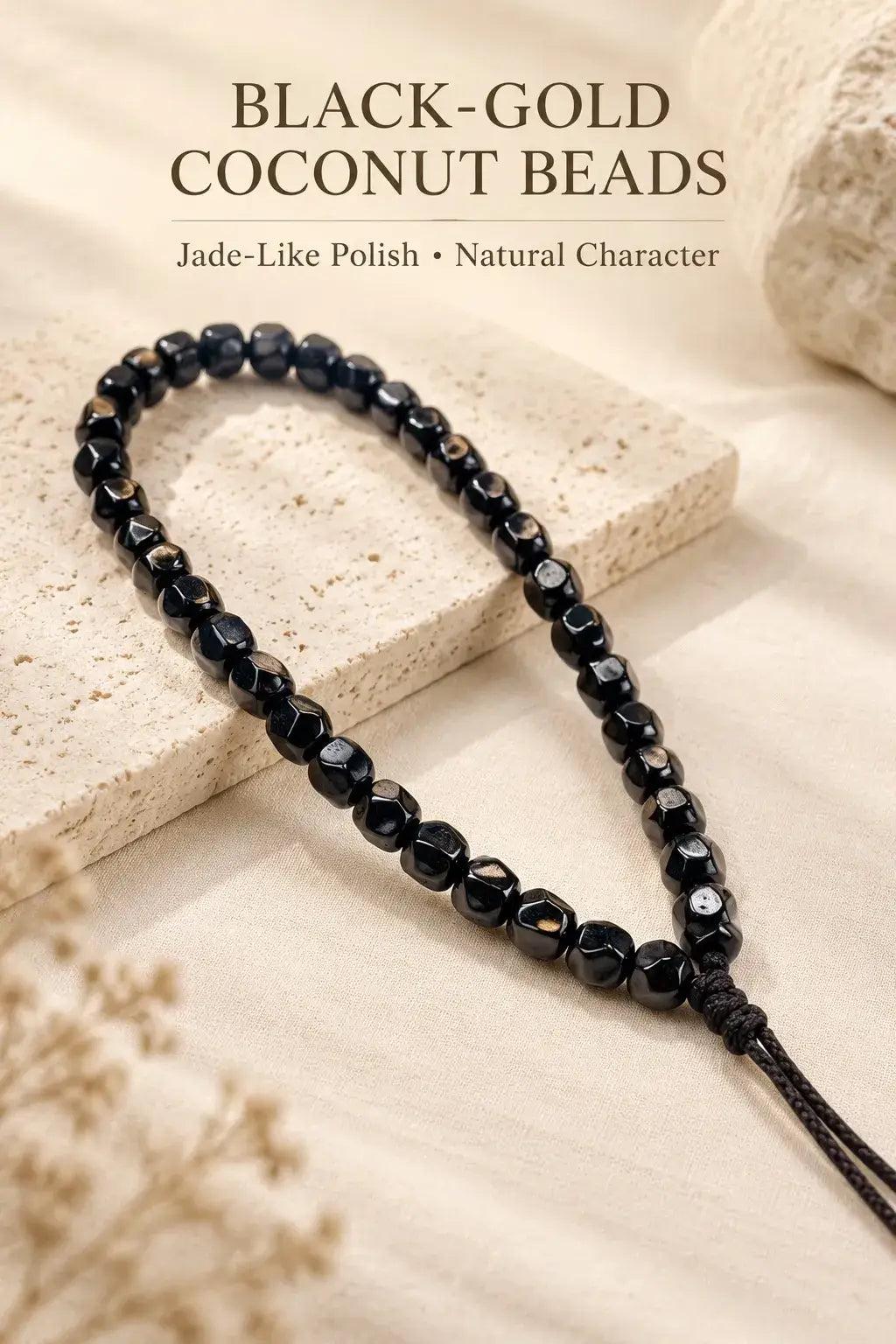 Black-gold coconut Wuxiang handheld bead strand with 7 mm sculpted beads and a braided cord