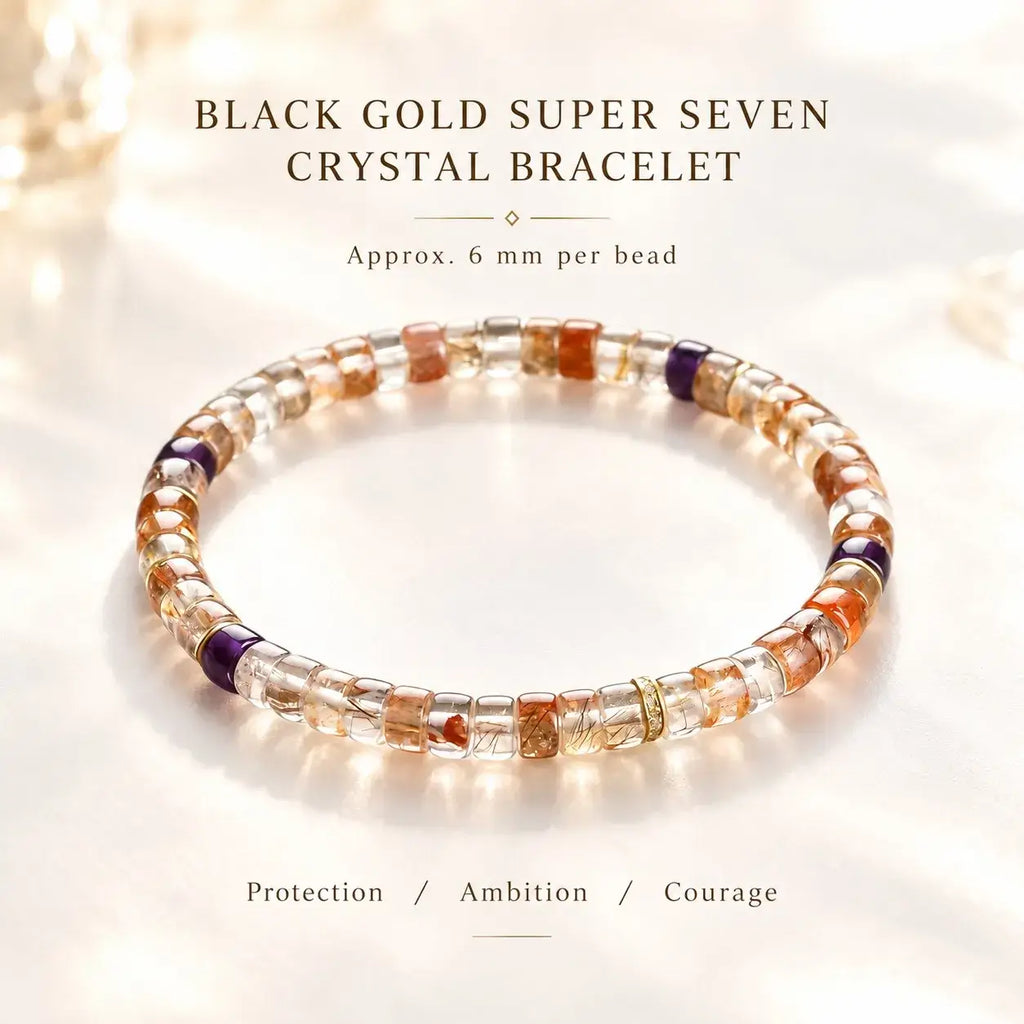 Black Gold crystal bracelet with 6 mm beads, warm inclusions and purple accents